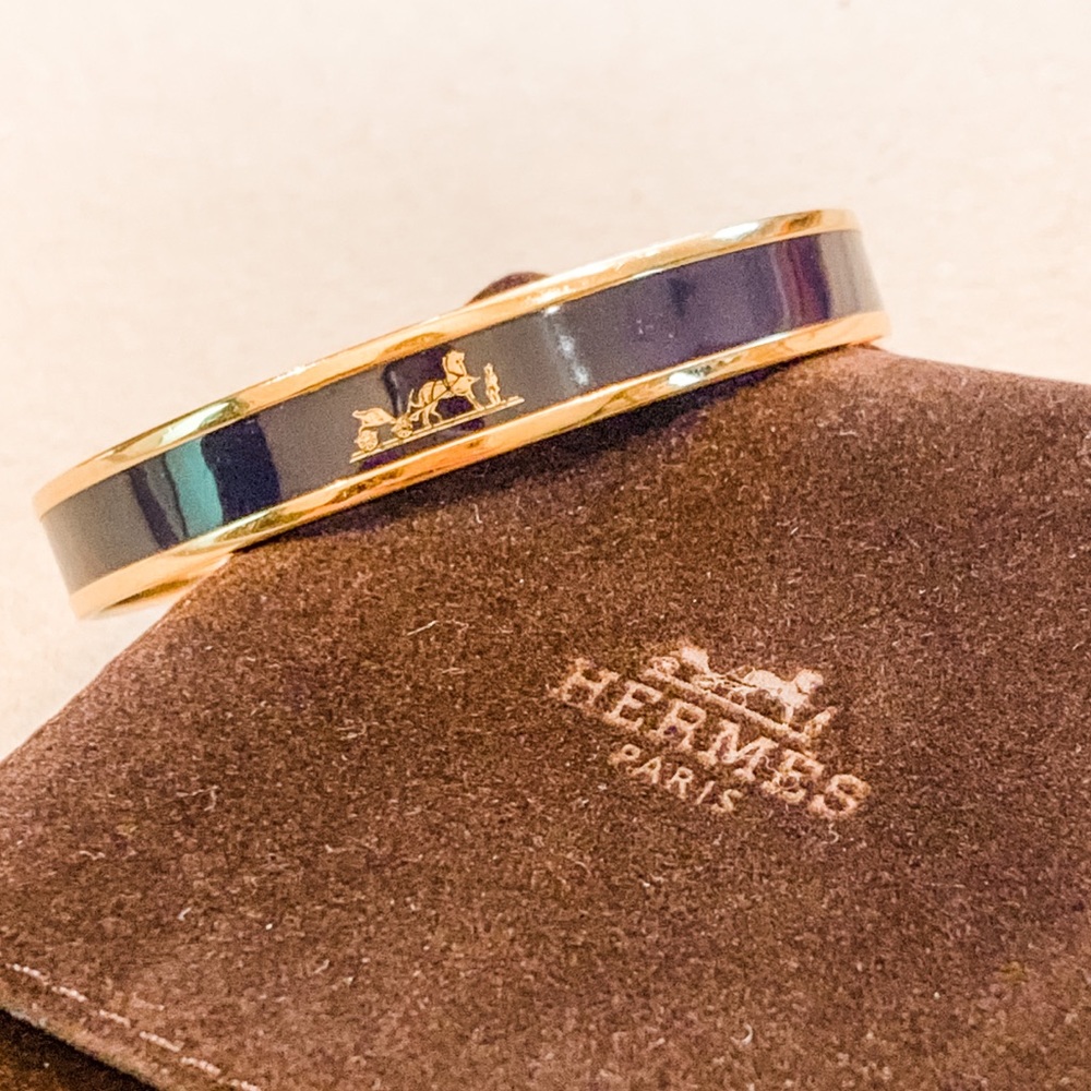 Authentic Hermès Enamel Bangle Navy Gold w/ Box 70